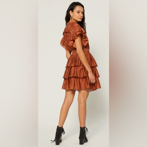 CURRENT AIR Rust Brown Tiered Flutter Sleeve Mini Dress - Picture 2 of 5